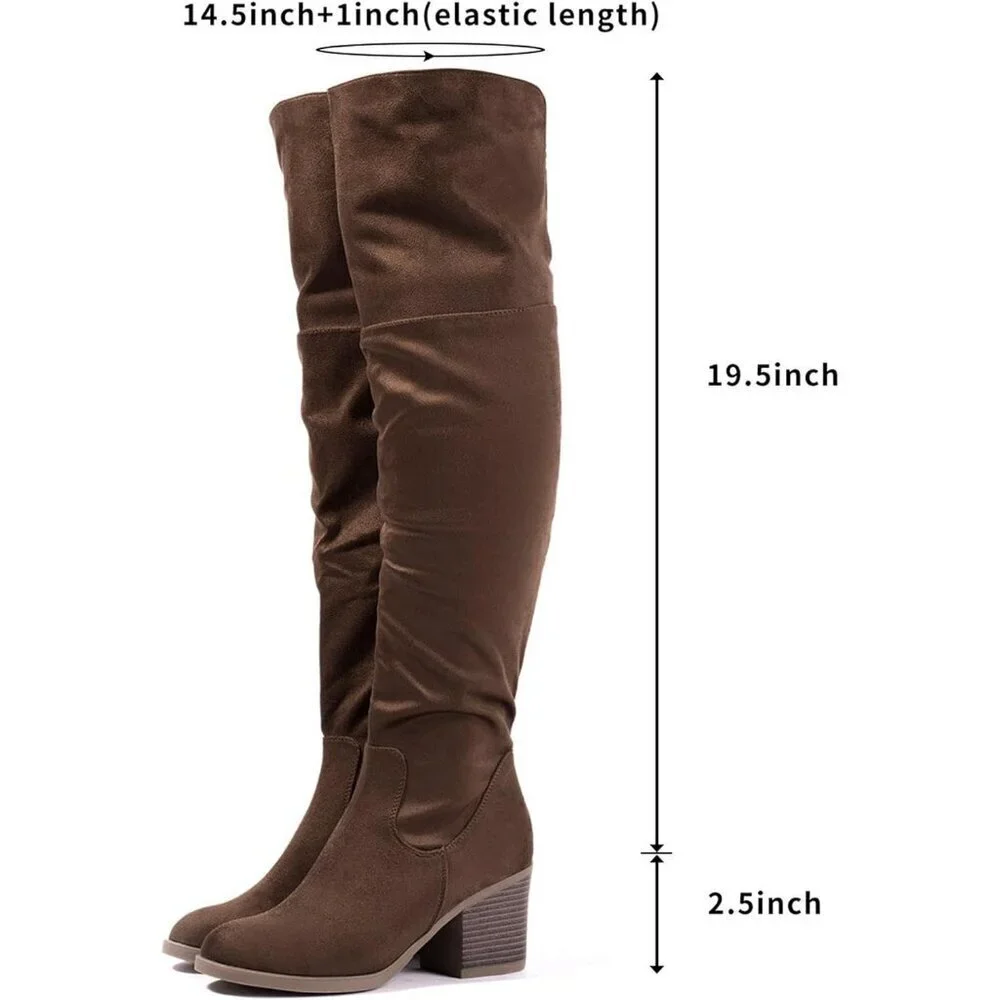 Women's Brown Thigh High Boots Stacked Block Heel Over The Knee Boots Rubber